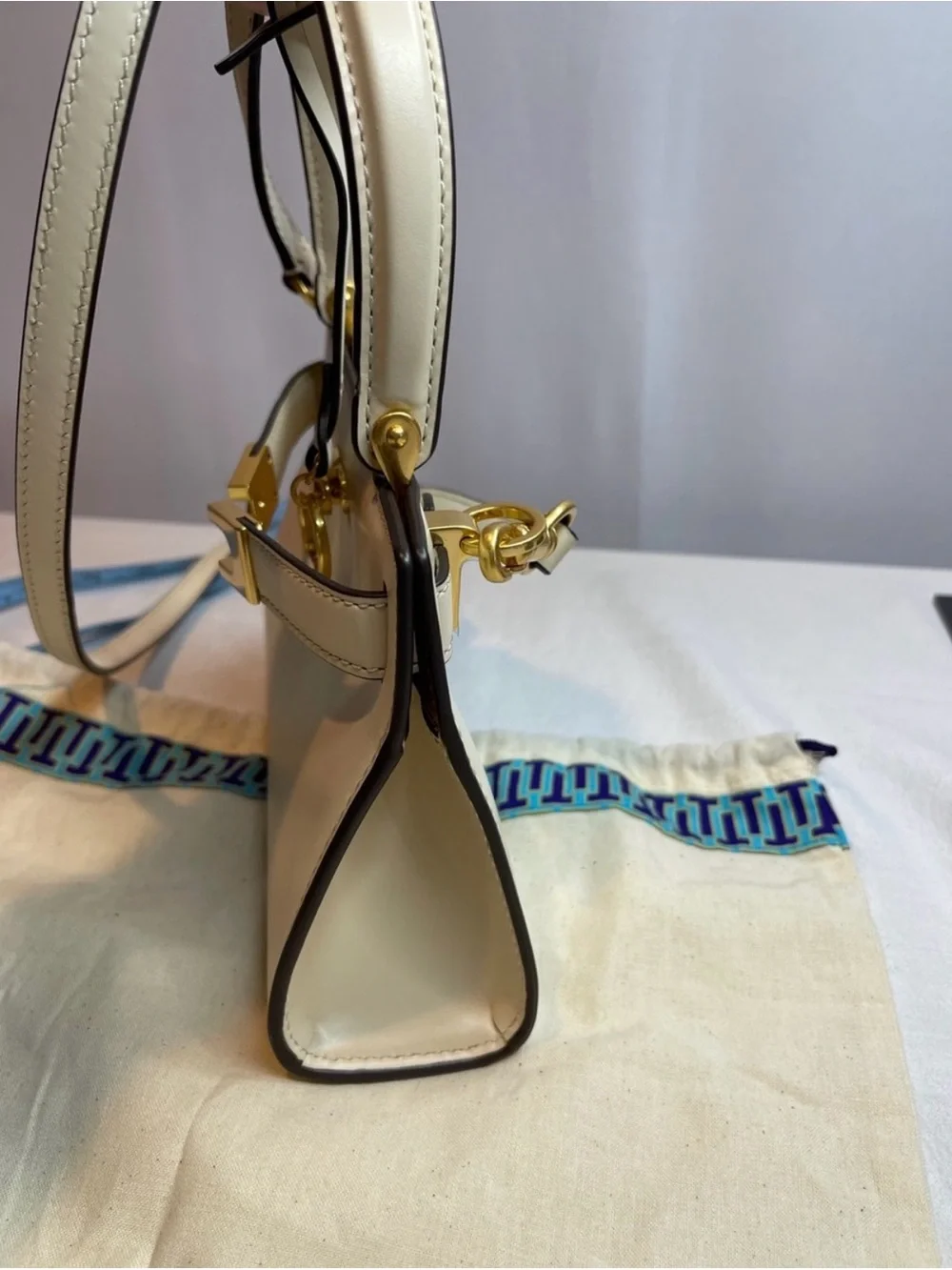 Tory Burch Lee Radziwill Cream Top-Handle Mini Bag with Gold Hardware